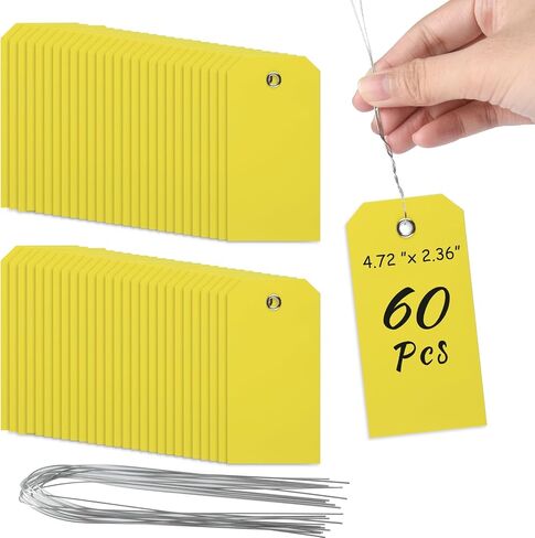 PLULON 105 Pcs Yellow Tags with String Wire Plastic Tags 4 3/4" x 2 3/8" Shipping Labels Tag for Labeling Waterproof Hang Tags Bulk Writable Blank Tags Name Price Tag for Inventory Luggage Clothing in Saudi Arabia