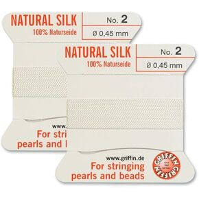 2 Pcs Griffin 100% Natural Silk Beading Cord Thread and Needle Size 2 White Color 0.45mm