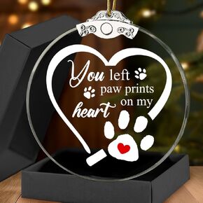 You Left paw Prints on My Heart - Sympathy Gifts for Dog & Cat Loss Pendant, Pet Memorial Ornament Pet Glass Keepsake Gifts for Pet Lovers Friends with a Gift Box 3Inch, Round