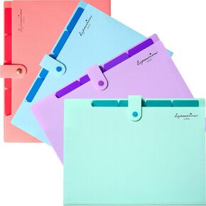 Sooez 4 Pack Expanding Filer Folders, 5 Pocket Accordion Cute File Folder with Labels, Premium Portable Expandable Organizer for Documents, for School Office