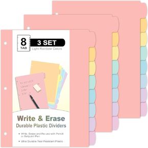 8 Count/1 Set Write & Erase Binder Dividers with Tabs, Durable Plastic 8 Tab Dividers for 3 Ring Binder Letter Size, Separators for Student School Home Office Document Organizer, Pastel