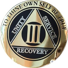 3 Year AA Medallion Glossy Elegant Black Gold Silver Bi-Plate Sobriety Chip