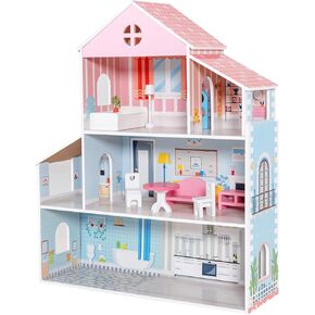 Costzon Wooden Dollhouse, 3-Story Pretend Play Doll House with Living Room Bedroom Bathroom Furniture and Accessories, 31.5 Inch High Doll House for Little Girls, Gift for Ages 3+