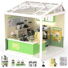 Mostop DIY Miniature House Kit Plastic House Building Set Toy Playset with LED Light, Tiny House Model Kit Mini Figures Construction Toys Diorama Kit Gift for Teens Adults (Bubble Tea Store)