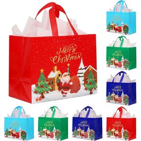 JCBZAMZ Christmas Gift Bags 8 Pcs,12.6x6.7x9.8 In,Multicolor Christmas Tote Bags with 4 colors,Non-Woven Christmas Bags for Xmas Gifts Wrapping,New Year Party,Shopping