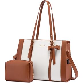 LOVEVOOK Laptop Bag for Women, Large Capacity Work Tote Bag, Fashion Shoulder Bag with Clutch Purse, 15.6-inch Computer Business Briefcase Travel Bag 2 Pcs Set, White-Brown
