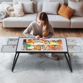 Puzzle Table 1500pcs, Metal & Plastic Frame, 4 Drawers, U-Shaped Legs, Grey & Black, 15.35 Inch Height