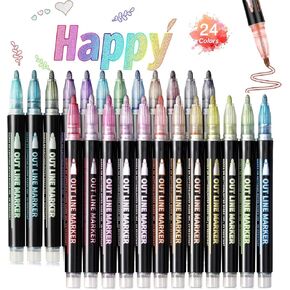 Double Line Outline Markers, Shimmer Marker Set-24 Colors Outline Markers, Super Squiggles Outline Markers, Shimmer Double Line Outline Pens for Art, Writing, Crafting (24 color set)