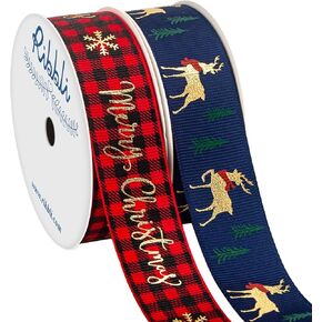 Ribbli Grosgrain 2 Rolls Christmas Ribbon,Red Black Plaid & Gold ELK Ribbon,Use for Christmas Craft,Gift Wrapping,Home Decor,1 Inches Total 20 Yards,Red/Black/Navy/Gold