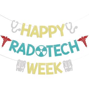 Happy Rad Tech Week Banner - Rad Tech Week Sign, Radiologic Tech Week Banner, Rad Tech Appreciation Week, Radiology Tech Decoration Gold & Blue Glitter