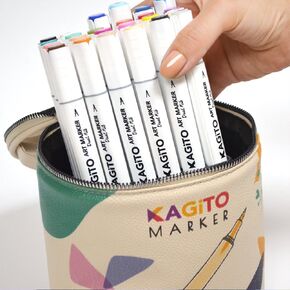 Kagito 24-Piece Twin Marker Set - 24 Colors Dual Tip Brush and Chisel Alcohol Marker Pens for Adult Artists, Illustrations, Designers, Drawings, Anime-Manga, Artificial Leather Zipped Bag