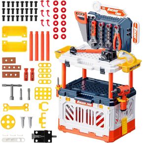 deAO Kids Tool Bench,Realistic and Electric Drill,90 Pcs Transformable Toddler Tools Bench Box 4 in 1 Pretend Play Kids Tool Set,Tool Bench Gift for Boys Girls Age 3-5