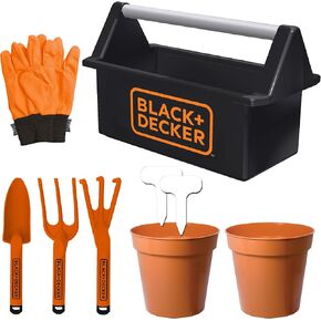 Black & Decker Open Garden Toolbox Complete with Eight Piece Garden Tools Set for Kids