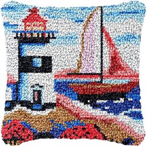 Lighthouse Sailboat Sea Latch Hook Kits Pillow Cover for Beginner Color Printed Canvas Yarn Crocheting Cushion DIY Hook and Latch Pillowcase Sofa Decoration 43x43cm