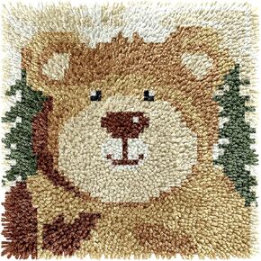 Generic Cartoon Cute Bear Latch Hook Rug Kit for Beginner Kids Easy Little Mat with Printed Canvas DIY Hook Making Crochet Yarn Craft Tapestry for Decoration and Gift 12x12inch, As Main Picture