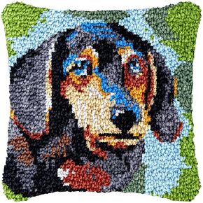 Latch Hook Pillowcase Kits Dachshund Dog Latch Hook kit Cushion Throw Pillow Embroidery Craft Kits for Beginner DIY Latch Hook Rug Kit with Printed Canvas Hobby & Craft 43x43cm