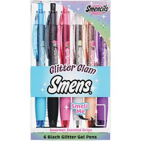 Glitter Glam Smens - Patented Gourmet Scented Black Gel Ink Pens, Medium Point, 6 Count - Fun, Cute, Cool, Smelly Pens for Kids