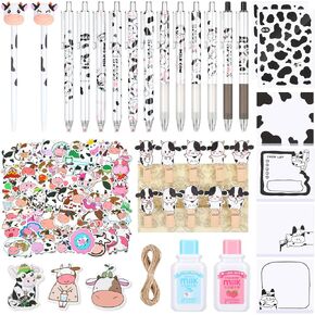 Crtiin 82 Pcs Cute Cow Gift Set Kawaii Cow Retractable Black Ink Pens Milk Correction Tape Cow Paperclip Bookmarks Cow Sticky Notes Cow Stickers for Christmas Office School Party Favors Cow Lover Gift