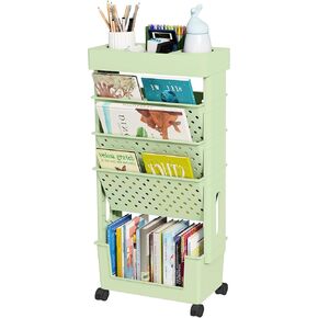 5-Tier Mobile Bookshelf, Rolling Bookcase Book Storage Rack, Movable File Folder Organizer Cart with Wheels for Home Study Office Living Room Classroom, Green