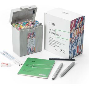 HIMI CC Marker Set Gift Box, Clean Smelling Alcohol Marker 80 Colors, Dual Tip Quick Drying Markers Hard and Soft Nib for Art