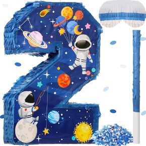 Jexine 3Pcs 16'' Outer Space Number 2 Piñata Plastic Solar System Piñata Number Two Piñata with Blindfold Bat, Confetti for Boy Outer Space Theme 2nd Birthday Celebration Party Supplies (Outer Space)