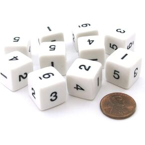 Set of 10 D6 Six-Sided 16mm Opaque Numbered Dice - White with Black Numbers