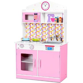 Costzon Kids Kitchen Playset, Wooden Pretend Chef Cooking Toy Kitchen with Realistic Sound, Microwave, Sink, Cookware Accessories, Pink Play Kitchen for Toddlers, Girls, Gift for Ages 3+