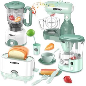 Kids Kitchen Set, Pretend Play Kitchen Appliance Toy Set with Coffee Maker, Toaster, Blender, Mixer, Kitchen Toys with Light & Sound, Play Kitchen Sets for Kids Ages 4-8