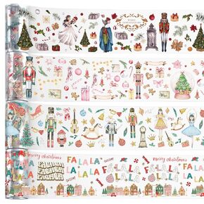 4 Rolls Pink Christmas Washi Tape Set Merry Christmas Now Pre-Cut Nutcracker Stickers Christmas Village Tape Pink Bow Stickers for Scrapbook Journal DIY Art Craft Gift Wrapping Supplies