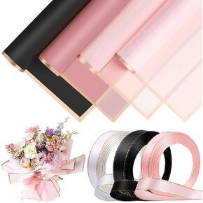 Shyflpopo 80 Sheet Floral Wrapping Paper Folded Flat Pink Black White Waterproof Flowers Bouquet Packaging Paper with Rose Gold Border,Double Sided Florist Packaging Paper for Wedding Birthday Flower