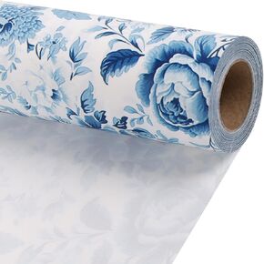 BIOBROWN Floral Wrapping Paper Roll - 30 Inch X 33 Feet (82.5 sq. ft. ttl.) Blue White Flowers Design Chinoiserie Gift Wrap Stone Paper for Mothers Day,Wedding, Bridal Shower, Birthday
