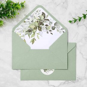 Whaline 50Pcs Greenery Envelopes Watercolor Sage Green Eucalyptus Leaves Invitation Envelope with Sticker V-Flap Greeting Card Holders Gift Card Sleeves for Spring Wedding, 4.3 x 6.3 Inch