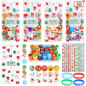 Christmas Stocking Stuffers Party Favors for Kids Christmas Stationery, 144pcs 24 Pack Christmas Goodie Bag Fillers Including Christmas Pencils, Wristbands, Stickers, Stamps and Erasers in Treat Bags