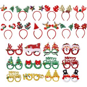 Christmas Party Favors for Kids Adults, 24Pcs Glittered Christmas Headbands and Glasses Frames Set with Assorted Design for Christmas Party Holiday Favors and Photo Booth