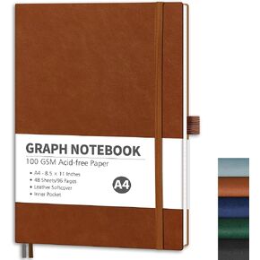 RETTACY Graph Paper Notebook, A4 Grid Notebook Journal with 96 Pages, 8.5'' × 11'', Large Size, Leather Softcover, 100 GSM Thick Paper, for Students, Homework, Math, Engineering (Brown)