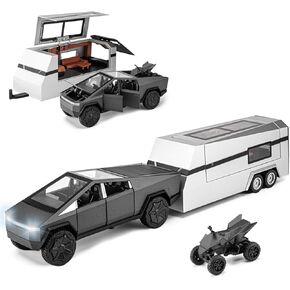Cybertruck Toy for Kids, Pickup Truck with RV Motorcycle Cybertquad Metal Die-cast Model Car, 1/32 Toy Truck and Trailer with Sound/Light/Pull Back, Ideal Gift for Boys Aged 6 and Up (Silver)