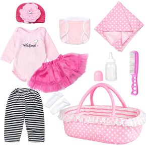 Reborn Baby Doll Clothes with Bassinet Underwear Blanket 10-Pieces Set 17-22 Inch Baby Doll Clothes Accessories Newest Design