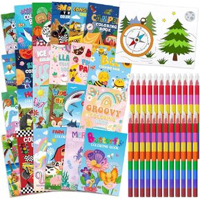 24 Coloring Books for Kids Bulk With 24 Stacking Crayons Set Mini Coloring Books Bulk for Ages 2-4-8-12 Small Activity Books For Birthday Party Favors Gifts Goodie Bags Stuffers School Classroom