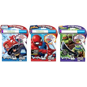Bundle of 3 Imagine Ink Magic Pictures Activity Books - Justice League, Spider-Man, and Teenage Mutant Ninja Turtles
