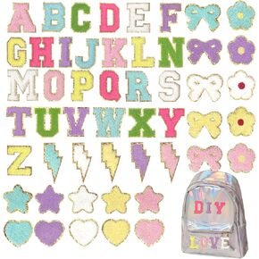 Chenille Letters Patches,Self Adhesive Letter Patches Clothing Backpack Self-Adhesive Patch Embroidery Patch DIY Gold Glitter Sticker(2.18 Inch) - Multicolor