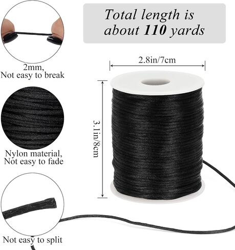 2MM 110 Yards Nylon Necklace Cord, Wind Chime Cord, String for Bracelet Making, Braided Lanyard String, Jewelry Thread Beading String for Crafts, Twine for Chinese Knotting (Black) in Kuwait