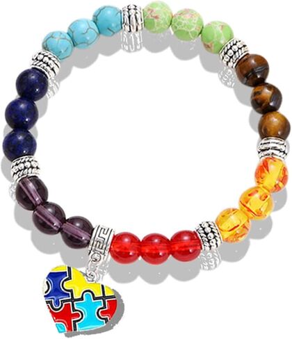 Dreuyet Autism Awareness Bracelet 7 Chacarat Bead Lace Bracelet Red Ribbon Charm Bracelets Healing Chakra Crystal Bracelets Puzzle Piece Jewelry Gifts in Saudi Arabia