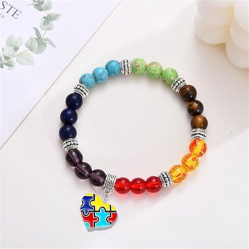 Dreuyet Autism Awareness Bracelet 7 Chacarat Bead Lace Bracelet Red Ribbon Charm Bracelets Healing Chakra Crystal Bracelets Puzzle Piece Jewelry Gifts in Saudi Arabia