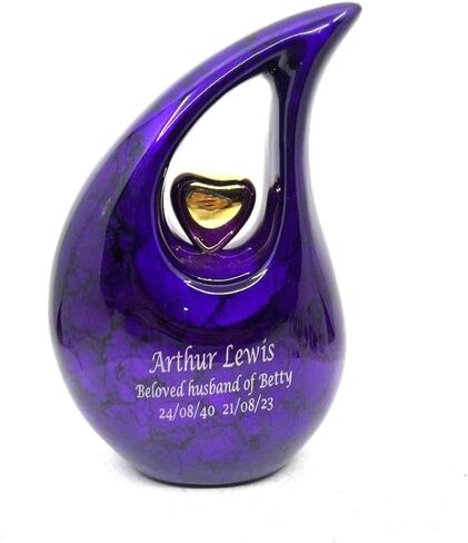 Purple Shimmer Tear Drop Small Urns for Human Ashes with Silver Heart (6 Inch Height) - Unique Medium Urn - Decorative Urns - Cremation Urn - Burial Urns - Keepsake Urn - Funeral Urn - Small Pet Urns in Saudi Arabia