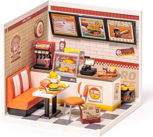 مجموعة أدوات منزل مصغرة من ROBOTIME DIY مجموعة ألعاب بناء منزل بلاستيكي مع مصباح LED صغير لصنع مجموعة أدوات نموذج هواية يدوية هدية فريدة (Yum Yum Burgers) in Saudi Arabia