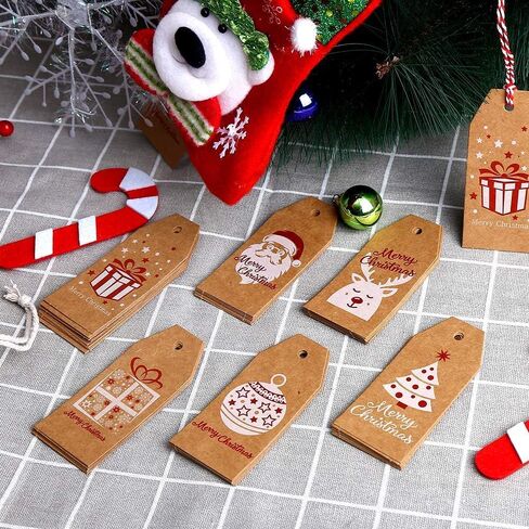 200 Pieces Christmas Kraft Paper Tags, Xmas Brown Kraft Gift Tags with Jute Twine Baker Twine for DIY Arts Crafts … in Kuwait