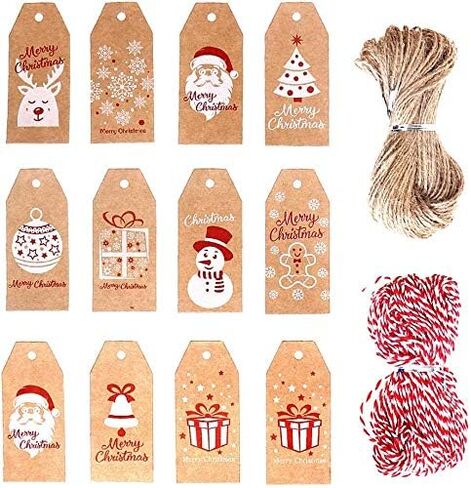 200 Pieces Christmas Kraft Paper Tags, Xmas Brown Kraft Gift Tags with Jute Twine Baker Twine for DIY Arts Crafts … in Kuwait