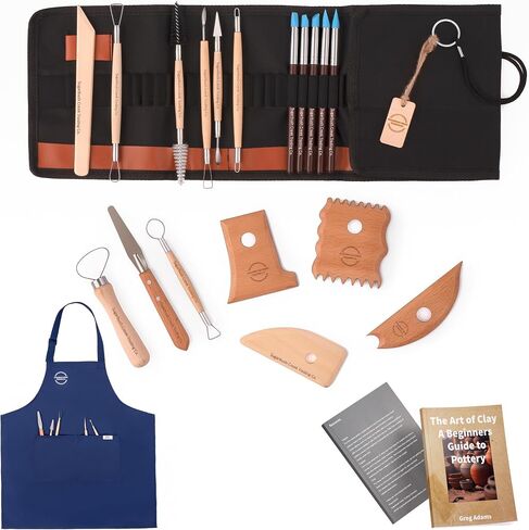 57 Piece Pottery Tools Sculpting Kit Includes Apron,Wooden Clay Tools,Carving Tool Pouch,Case,Book,Ribs, Reference Card and Reference Manual, Essential Tools for Pottery Enthusiasts,Artist Studio, in Saudi Arabia