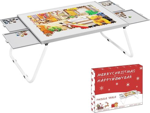 Puzzle Table 1500pcs, Metal & Plastic Frame, 4 Drawers, U-Shaped Legs, Grey & Black, 15.35 Inch Height in Saudi Arabia