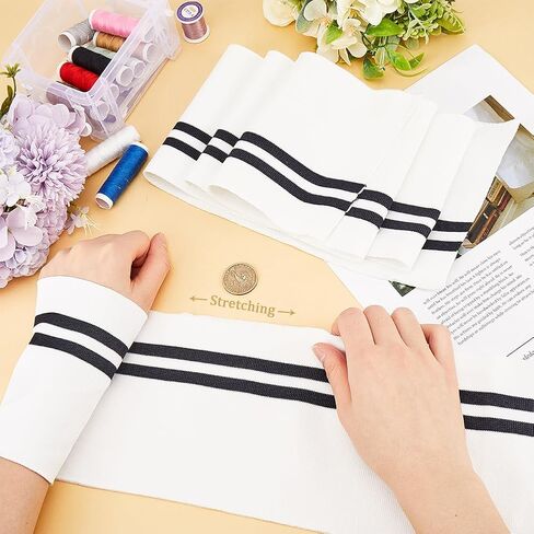GORGECRAFT 2PCS 37.4x5.5 Inch Elastic White Ribbing Fabric Neckline Collar Trim Waistbands Collar Cuffs Trim Material Black Stripe Waistband Knit Neckbands for Jacket Sewing Waistband Neckband Cuffs in Saudi Arabia